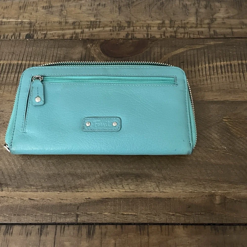 Fossil Jori‎ Flap Clutch Teal Leather Zip Wallet